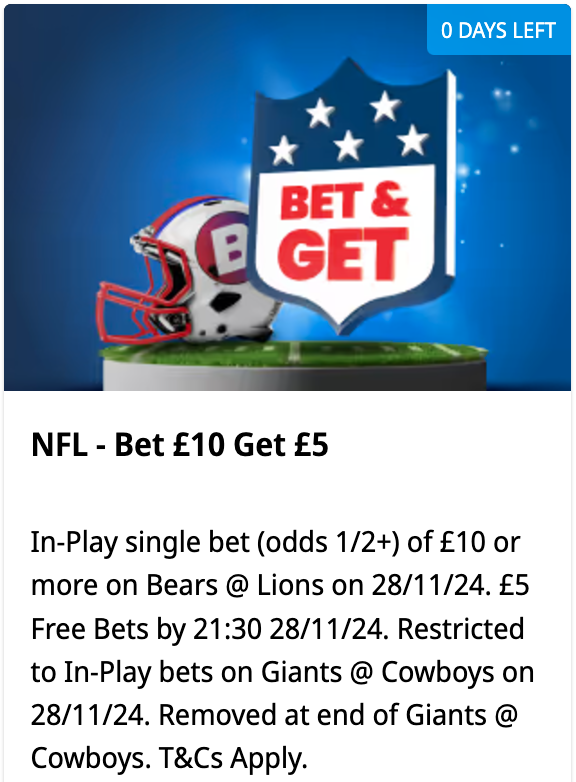 Betfred's NFL Bet £10 get a £5 free bet promotion